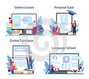 French learning online service or platform set. Language school