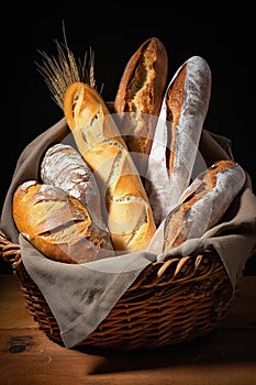 French loaves breads in basket in artisanal bakery