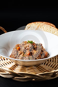 French local food Navarin d`agneau lamb or mutton slow cooker strew in white dish with copy space photo