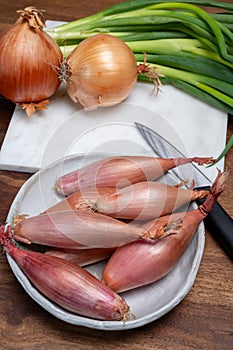 French long pink shallots grappe onion from Brittany, France