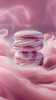 French macarons presented against a silky backdrop in a soft pink color scheme