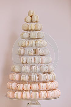 French macaroons. Candy bar. Wedding feast. Wedding sweets. beautiful macaron cake patisserie multi tier stand full of