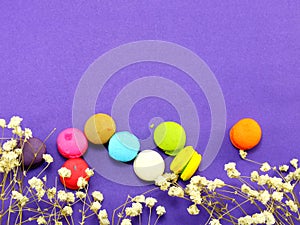 French macaroons with dried flower and empty notebook page background