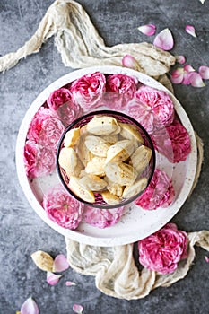 French Madeleine cookie with rose petals