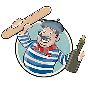 French man with baguette and wine