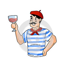 French man with mustache, glass of red wine and beret