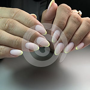 French manicure on the nails. French manicure design. Manicure gel nail polish