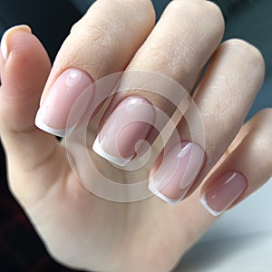 French manicure on the nails. French manicure design. Manicure gel nail polish