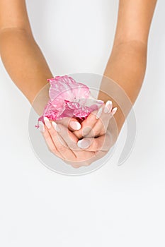 French manicure and pink flower