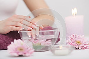 French manicure with rose flowers. spa