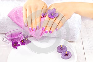 French manicure with violet flowers. spa