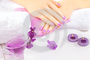 French manicure with violet flowers. spa