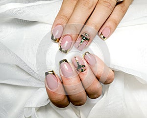 French manicure  on white textile fabric