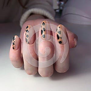French manicure on women& x27;s thick handles with leopard design