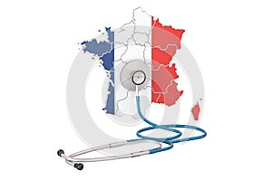 French map with stethoscope, national health care concept, 3D re