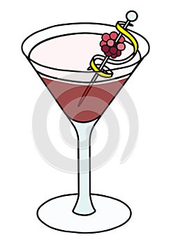 French Martini classic New Era cocktail in a specific glass. Vodka based drink garnished with raspberries and lemon zest