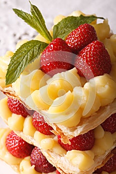 French millefeuille dessert with strawberries macro