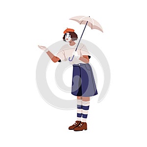 French mime, dumb performer with face makeup. Comic mimic comedian, actress with umbrella, performing begging. Street