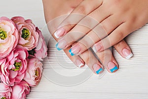 French nail art in light blue and white color