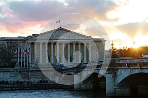 The French national Assembly- Bourbon palace at sunset , Paris, France