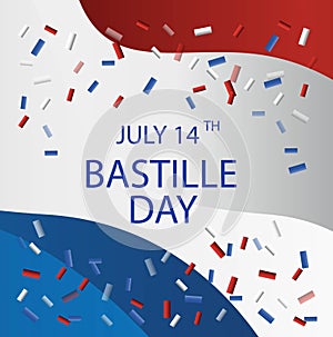 French National Day. 14 july. Happy Bastille Day! Flat banner in colors of the national flag of France for card and poster. Vector