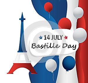 French National Day. 14 july. Happy Bastille Day! Flat banner in colors of the national flag of France for card and poster. Vector