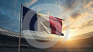 The French national flag flutters at dusk against the backdrop of famous Sunset Stadium, Summer Olympics in Paris 2024