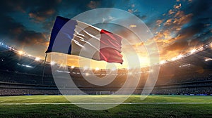 The French national flag flutters at dusk against the backdrop of famous Sunset Stadium, Summer Olympics in Paris 2024