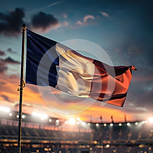 The French national flag flutters at dusk against the backdrop of famous Sunset Stadium, Summer Olympics in Paris 2024