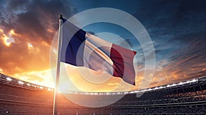 The French national flag flutters at dusk against the backdrop of famous Sunset Stadium, Summer Olympics in Paris 2024