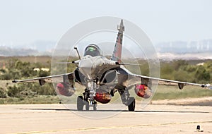 French Navy Dassault Rafale fighter jet plane taxiing after landing at Zaragoza Air Base. Zaragoza, Spain - May 20, 2016 photo