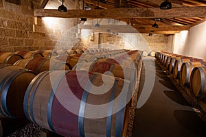 French oak wooden barrels for aging red wine in cellar, Saint-Emilion wine making region picking, sorting with hands and crushing