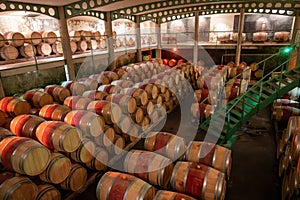 French oak wooden barrels for aging red wine in underground cellar, Saint-Emilion wine making region picking, cru class Merlot or