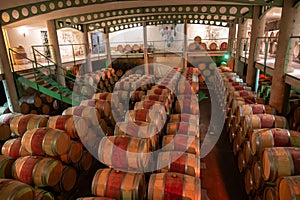 French oak wooden barrels for aging red wine in underground cellar, Saint-Emilion wine making region picking, cru class Merlot or