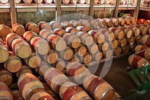 French oak wooden barrels for aging red wine in underground cellar, Saint-Emilion wine making region picking, cru class Merlot or