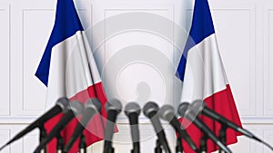 French official press conference. Flags of France and microphones. Conceptual animation