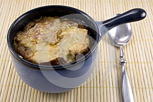 French Onion Soup in Blue Crock