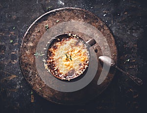 French Onion Soup with Gratined Cheese, Winter Food.