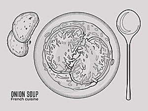 French onion soup. Top view outline doodle style illustration
