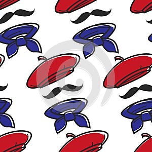 French outfit seamless pattern beret and mustache neckerchief