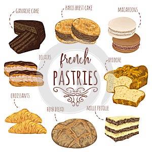 French pastries collection. Brioche, macaroons, croissants, herb bread, eclairs, paris brest, ganache, mille feuille cakes. photo