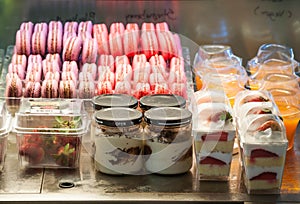 French pastries on display a confectionery shop