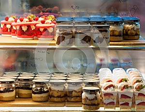 French pastries on display a confectionery shop