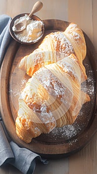 French pastry allure croissant bread presented on a wooden plate