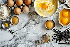 French Patisserie CrÃ¨me BrÃ»lÃ©e Ingredients on Marble photo