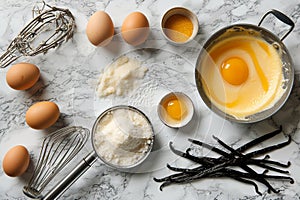 French Patisserie CrÃ¨me BrÃ»lÃ©e Ingredients on Marble photo