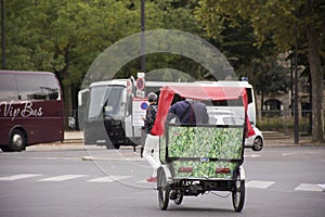 French people biking bicycle rickshaw waiting travelers use service tour around paris city