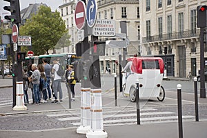 French people biking bicycle rickshaw waiting travelers use service tour around paris city