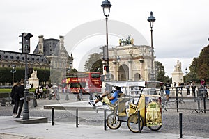 French people biking bicycle rickshaw waiting travelers use service tour around paris