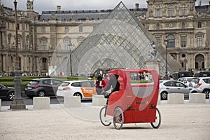 French people biking bicycle rickshaw waiting travelers use service tour around paris